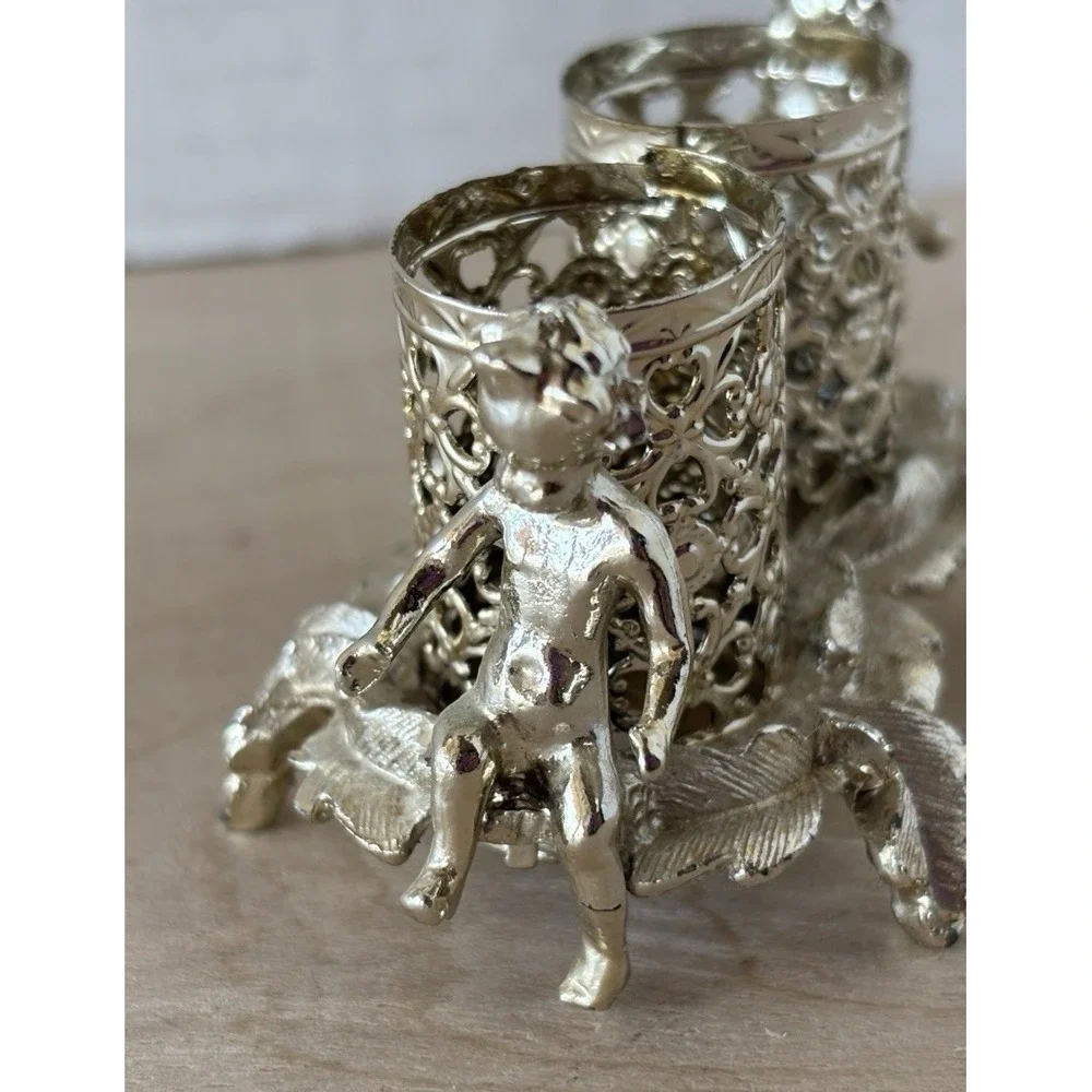 Vtg Sam Fink Lipstick Holder Hollywood Regency Double Cherub Silvertone Filigree